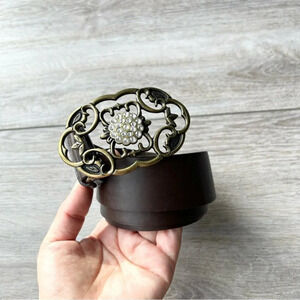 Vintage Jacob Jr Brown Leather  Rhinestones Floral Buckle Belt